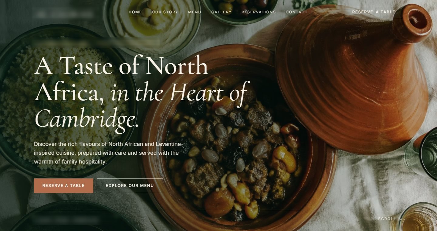 The redesigned restaurant website, with a full-screen tagine photo and elegant serif headline